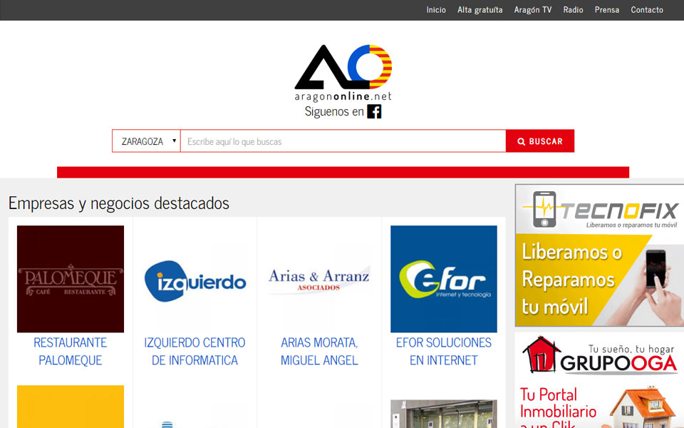 Diseo web y programacin del directorio de empresas Aragon Online 